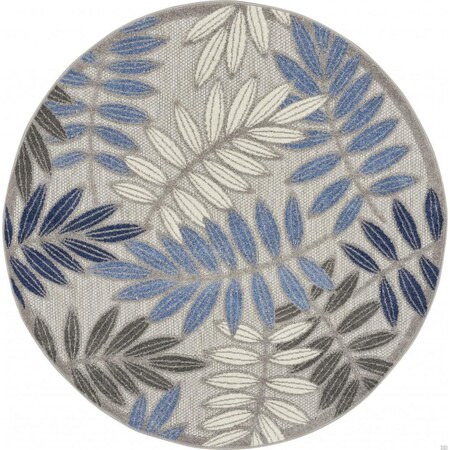 Homeroots 4 ft. Round Gray & Blue Leaves Indoor & Outdoor Area Rug 384870